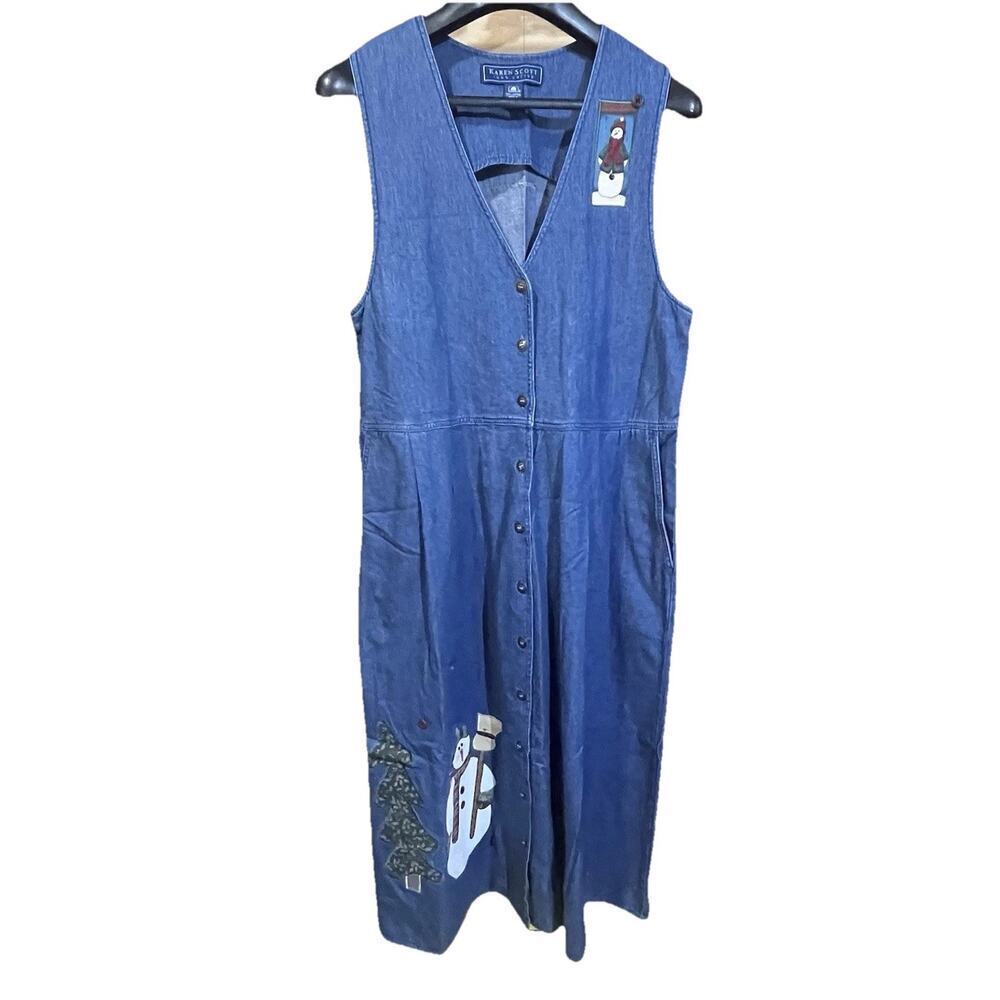 Karen Scott Y2K Denim Maxi Jumper Dress Button Up Front Embroidered Snowman